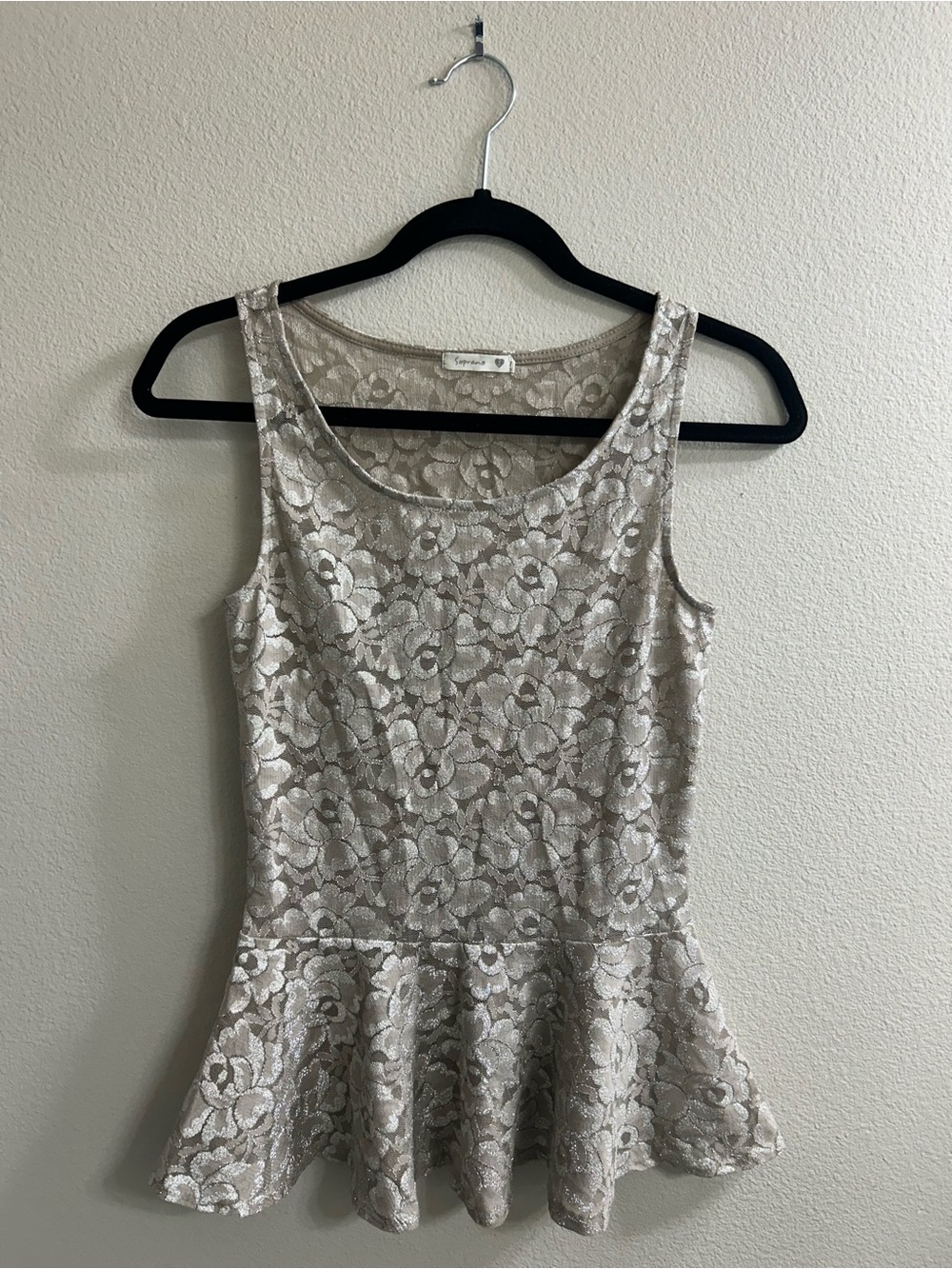 Soprano Beige Shimmer Lace Peplum Dress Top S